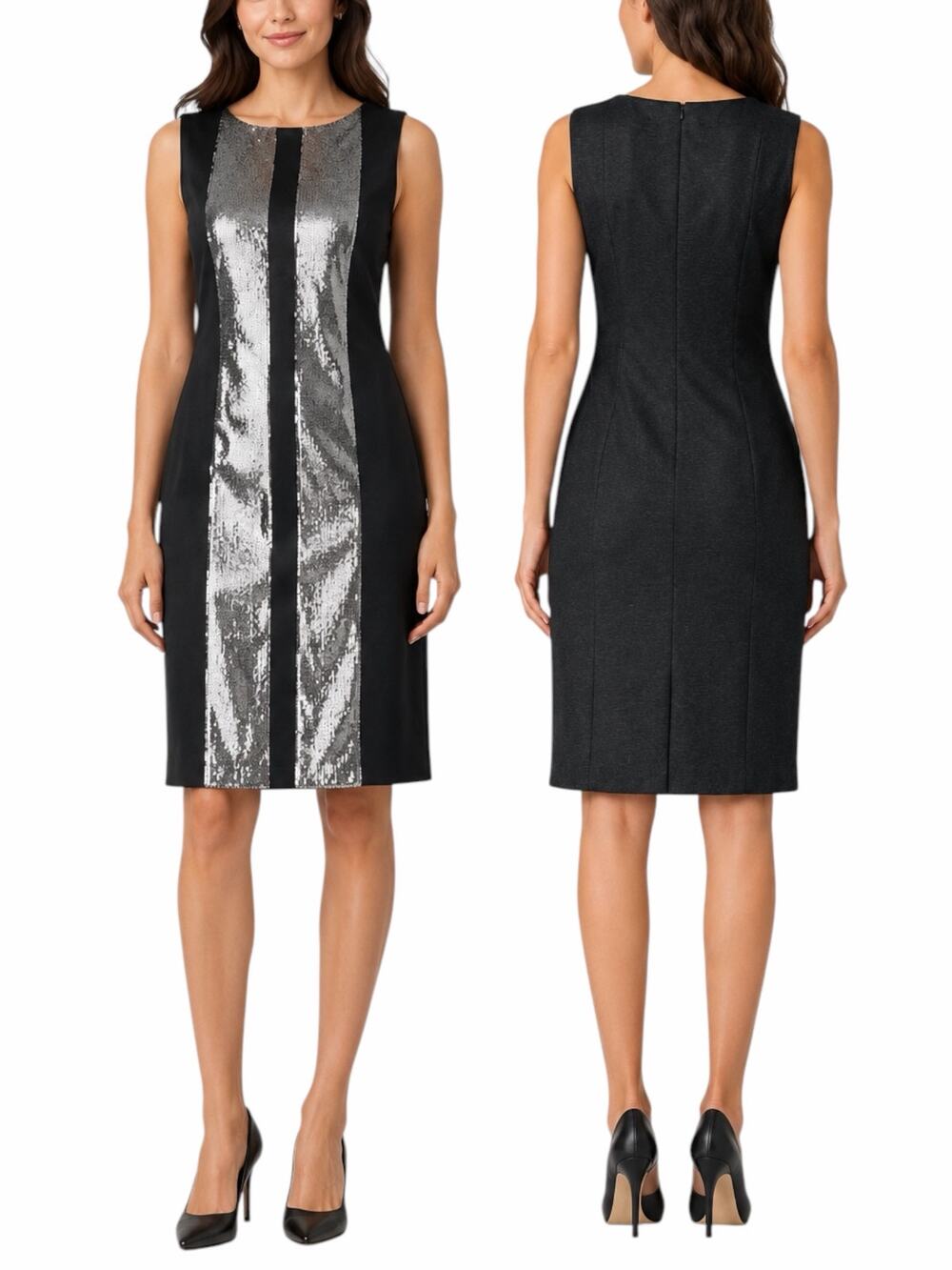 Teri Jon Sequin Stripe Mini Cocktail Dress Sleeveless Gray Size 2